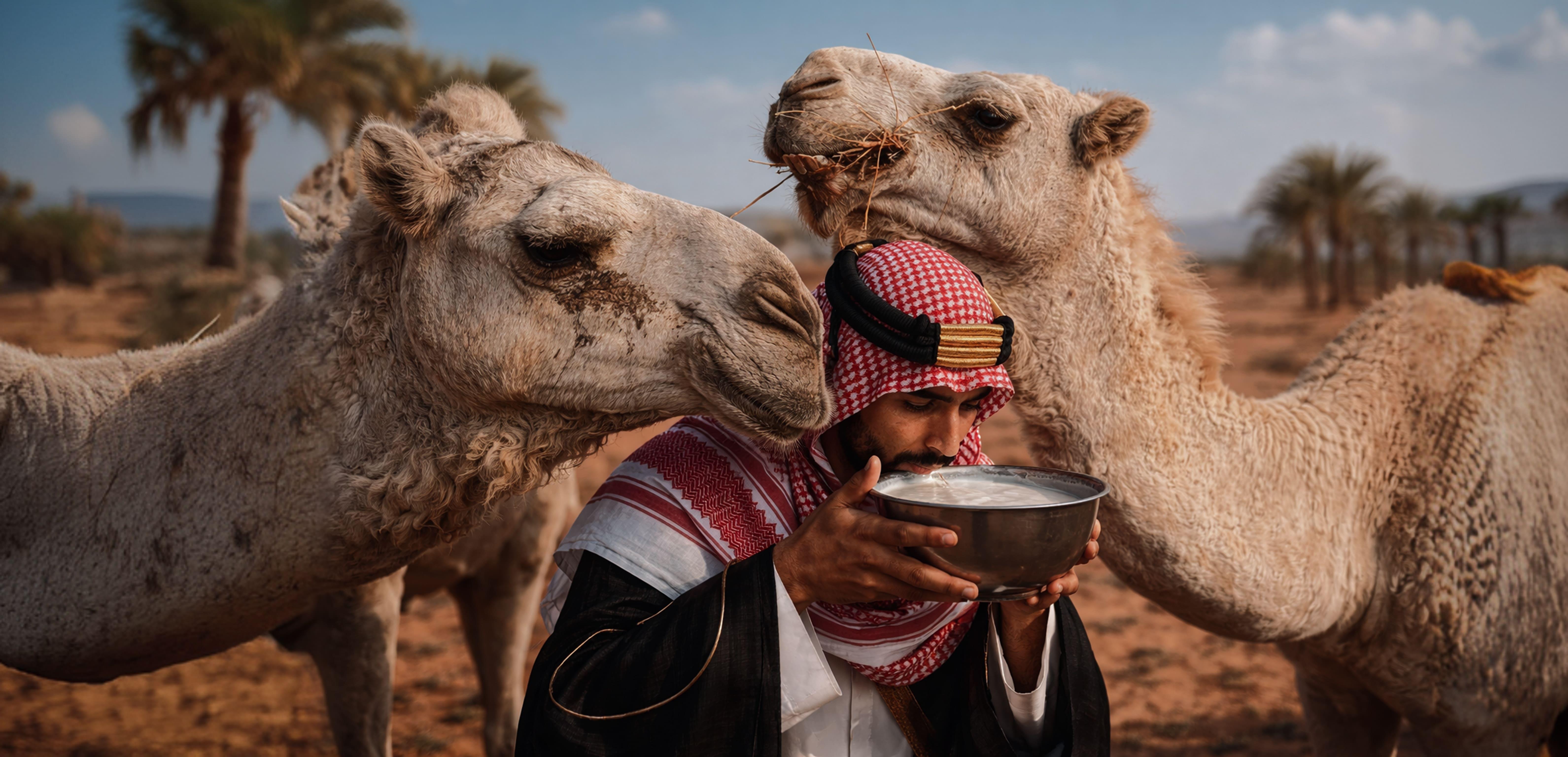 Saudi man in traditional attire drinking fresh camel milk from a metal bowl in a desert setting, with camels beside, highlighting natural superfood nutrition.