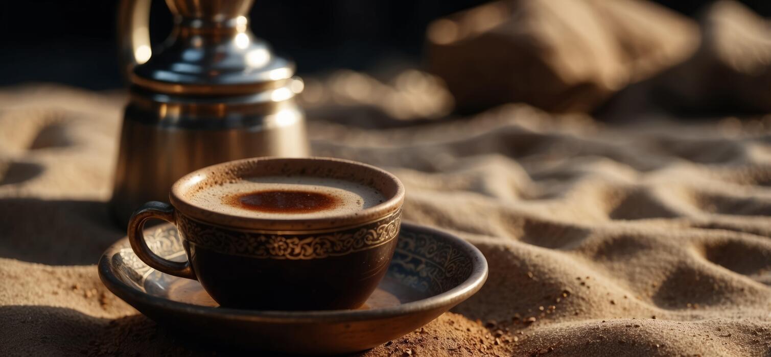 Qahwa - Saudi coffee placed on sand